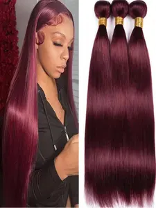 99j Straight Human Hair 3 Bundles, Burgundy Brazilian Extensions, Straight Hair Weave, High-Quality Natural Look, Perfect for Daily Use & Special Occasions