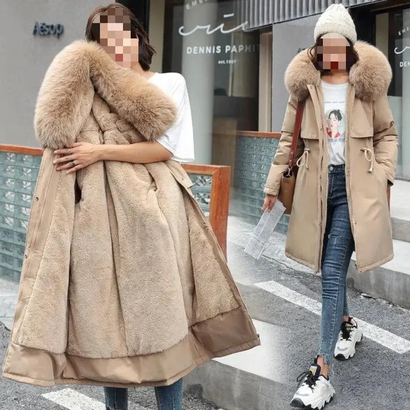 Winter Jacket 2024 New Women Parka Clothes Long Coat Wool Liner Hooded Jacket Fur Collar Thick Warm Snow Wear Fashion Parka Women's Wear Tops Basic Long Sleeve Comfort Fitted Outerwear Black Casual Minimalist