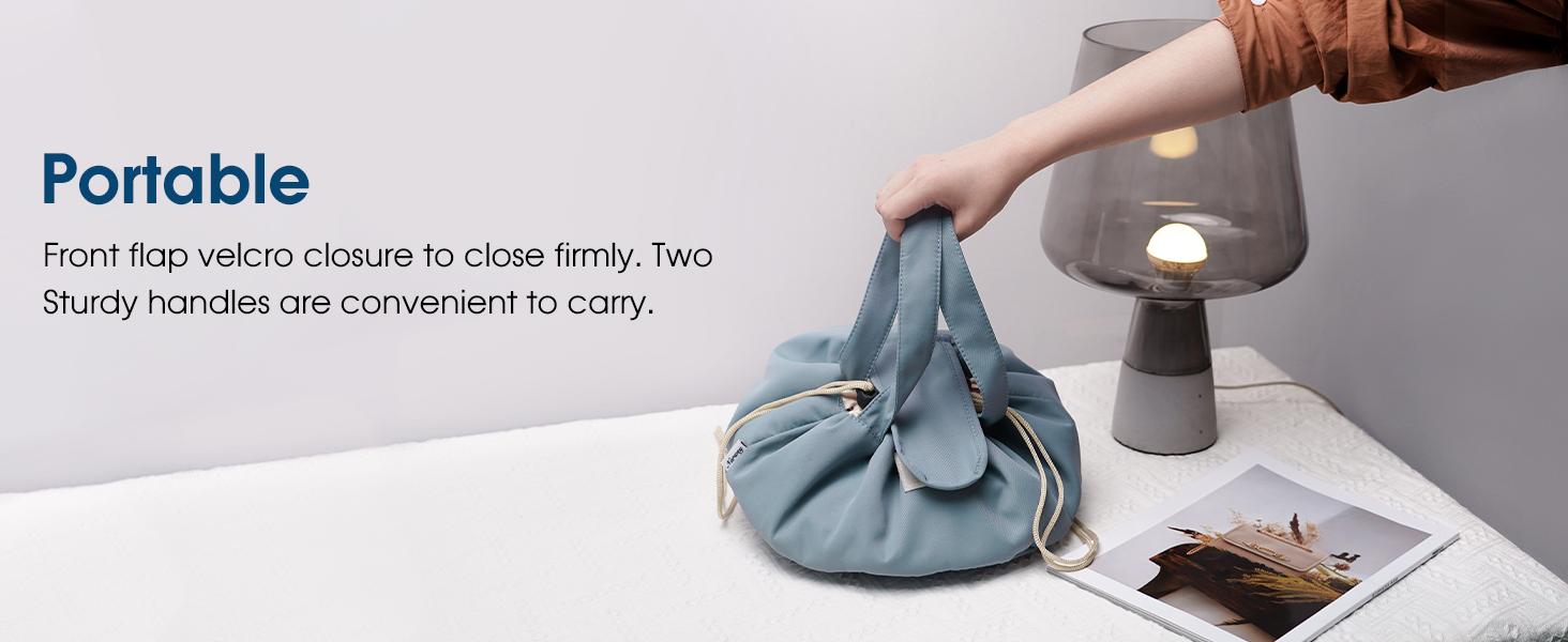 Lay Flat Open Drawstring Cosmetic Bag,Large Capacity Portable Makeup Bag,Cute Make up Bags with Handle,Versatile Storage for Makeup Brushes,Toiletries,Skincare,Brushes & Travel Essentials