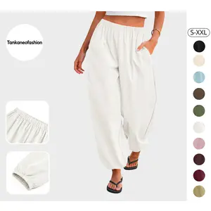 Tankaneo Womens Balloon Pants Trendy Casual Elastic Waist Wide Leg Harem Pants Baggy Pleated Lantern Trousers