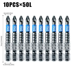 10pcsPhillips Screwdriver Bit PH2 Serrated Tip 1/4" Hex Shank 2" (50mm) Long Impact Magnetic Anti Slip Cross Screw Driver Industrial Power Drill Bits for Remove Fastening Screws