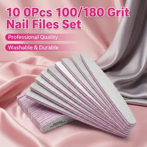 10 PCS Professional Nail File, 100/180 Grit Double Sided Washable Nail Buffer
