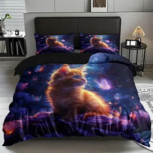 2/3pcs Kitten And Butterfly Pattern Duvet Cover Set, Decorative Duvet Cover (1*duvet Cover+1/2*pillowcase,no Filling)Skin-friendly Soft Digital Printed Bedding Set,perfect For Christmas,New Year Gifts For Family All Season Use Machine Washable