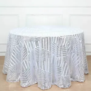 Sequin Round Tablecloth 120" Silver with Diamond Glitz Design - Seamless Table Cover