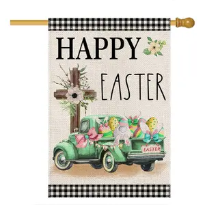 Happy Easter House Flag 28 x 40 Double Sided,Buffalo Plaid with Truck Cross Rabbit Eggs Yard Flags for Outdoor,Holiday Decorative House Flag