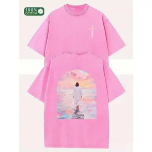 Unisex Oversized 230g Heavyweight Soft Classic Cloth Short Sleeve T-Shirt Top, Acid Washed Round Neck, Front & Back Christian Faith Prints (Jesus Walking On Water, Cross, John 14:6 Bible Verse), Machine Washable Summer Casual Church Streetwear Gift