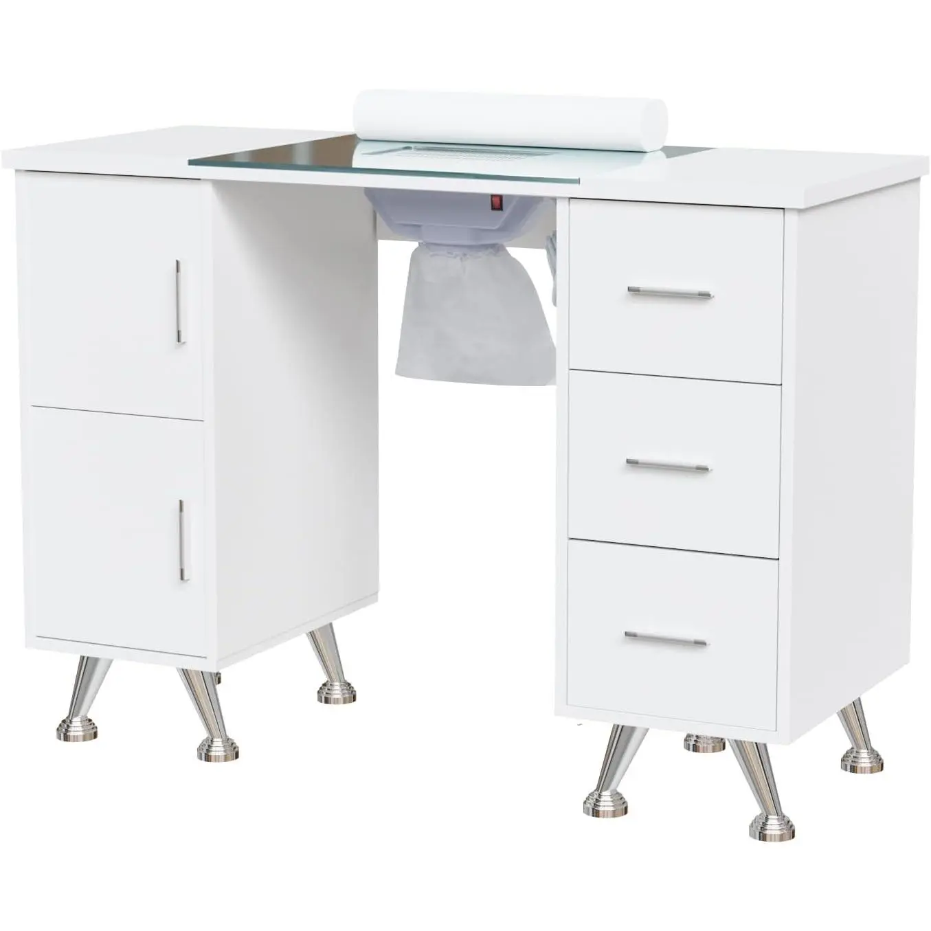 OmySalon Manicure Table Nail Desk for Nail Tech w/Glass Top & Wrist Rest, Beauty Salon Nail Supplies Decor Workstation Acetone Resistant w/2 Side Cabinet+3 Drawers