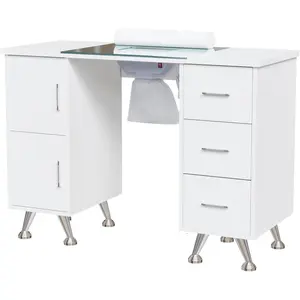 OmySalon Manicure Table Nail Desk for Nail Tech w/Glass Top & Wrist Rest, Beauty Salon Nail Supplies Decor Workstation Acetone Resistant w/2 Side Cabinet+3 Drawers