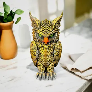 Artistic Hand-Painted Gold Flake Owl Sculpture - 8in Green Eyes Animal Decorative Figurines,Bird Figurines,Collectible Style,Colorful,Contemporary Art Home Decor Ornaments