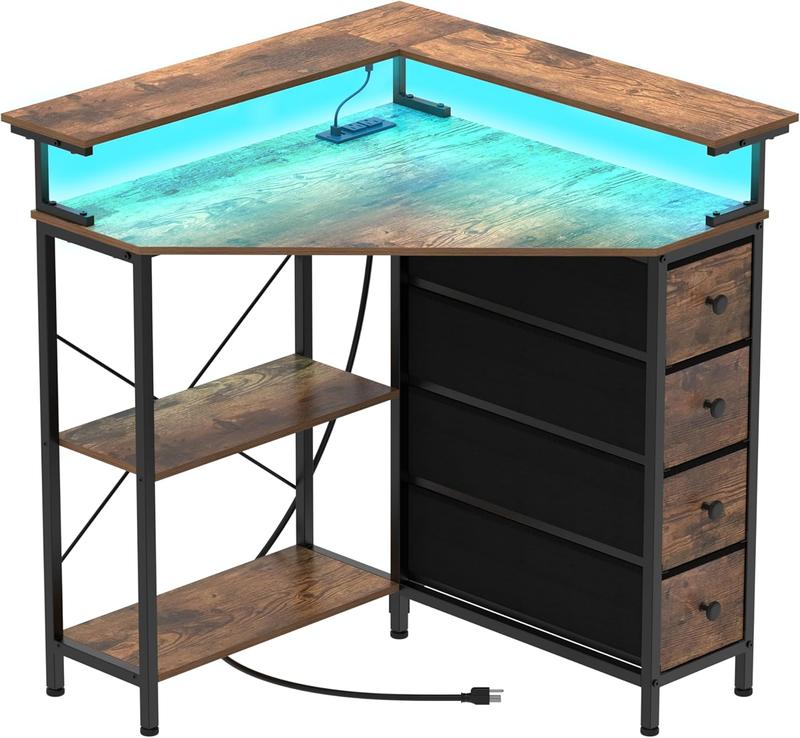 Corner Desk with Drawers Shelves for Small Space 90 Degrees Triangle Modern Computer Desk with Power Outlets LED Lights Monitor Stand for Home Office Brown