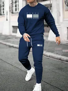 Men's Sportswear Set Long Sleeve Round Neck Sweatshirt and Jogger Pants, PARIS Letter Print, Comfortable Streetwear, Winter Warmth, Fitted Design, Streetwear Tracksuit Set