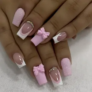 24pcs Square Nail Art Kit, Glitter French Tips, 3D Embossed Design, Includes File & Jelly Tape, Manicure Essentials