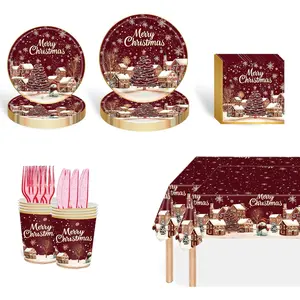 Christmas Dinnerware Set Party Supplies Snowman Disposable Tableware Paper Plates and Napkins Banners Plastic tablecloths Cutlery Serves 24 for Merry Christmas Party Home Decor