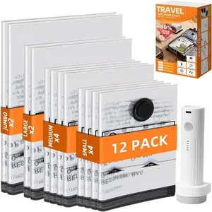 12 Pack Vacuum Bags For Clothes with 4 Different Sizes(4S+4M+2L+2J),Vacuum Travel Bags with Pump for Luggage,Vacuum Compression Bags For Travel and  Organization