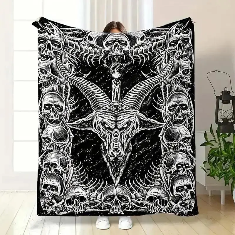 Occult Gothic Baphomet Goat Head & Skull-Frame Flannel Throw Blanket, Vintage Goth Anti-Pill Dark Mystical Black White Art Warm Blanket, Room Decor Gift for Occult Fans