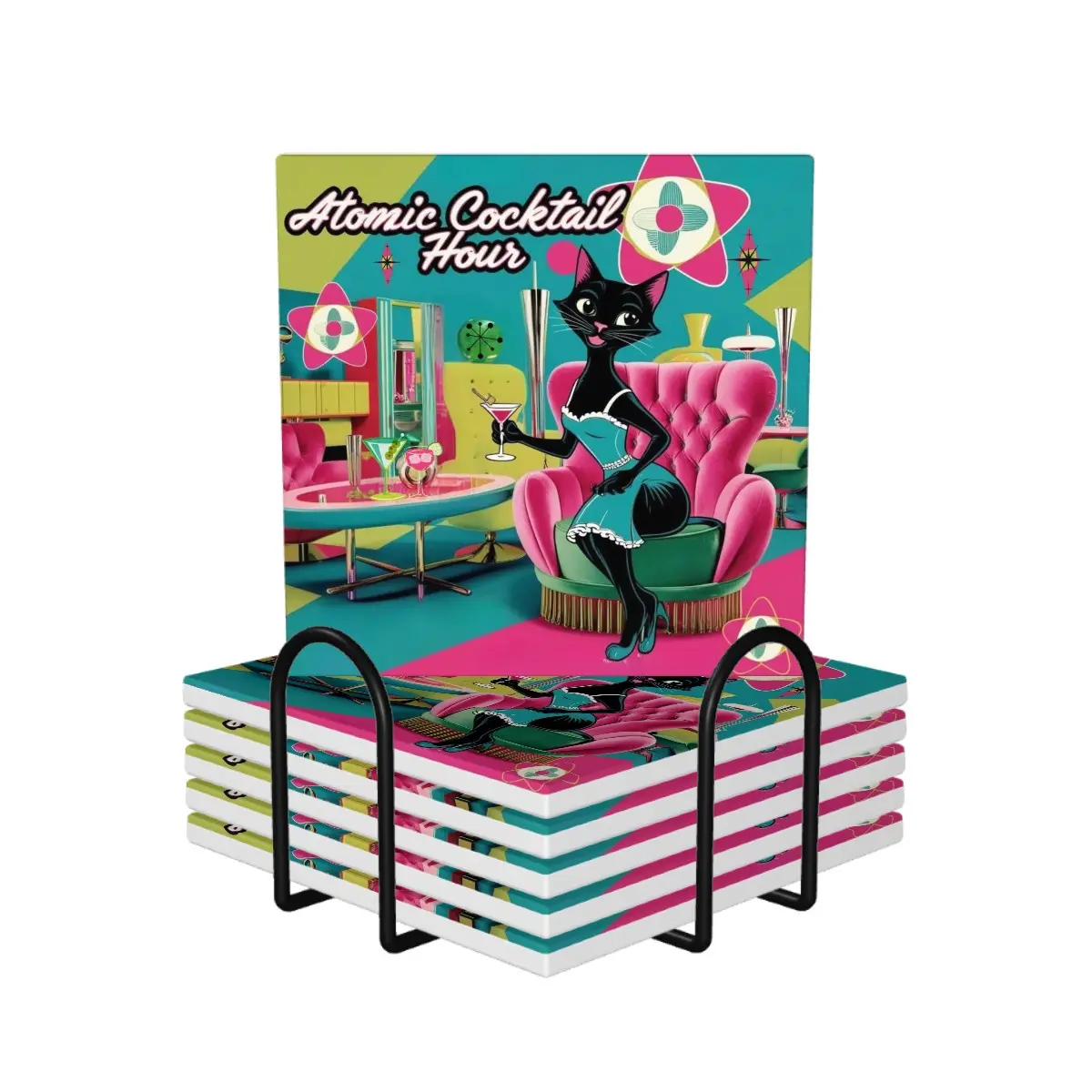 Atomic Cocktail Hour, Mid Century Modern Kitschy Hot Pink, Teal MCM Barware Square Ceramic Coasters Set of 6