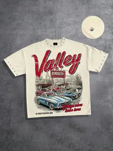 American car men's cotton T-shirt, road scenery classic vintage short sleeved T-shirt for both men and women | Valley retro sports car graffiti+rivet print shirt men's 2026 summer clothes racing