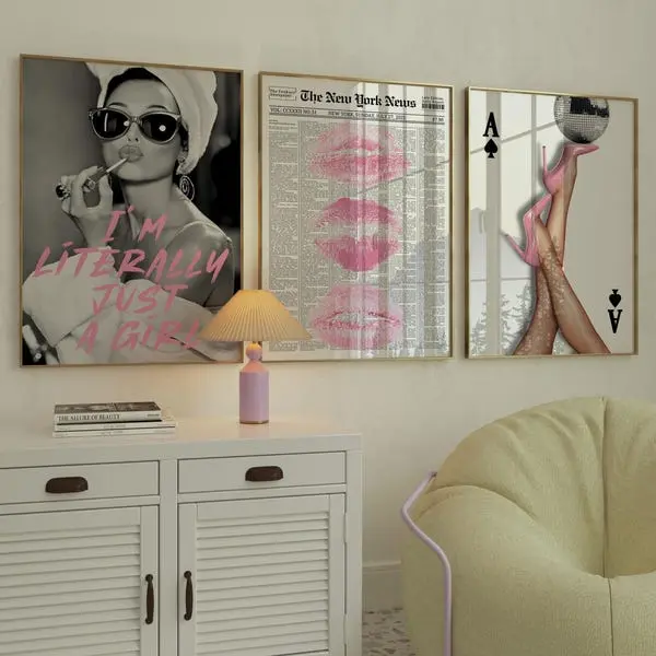 Retro Coquette Wall Art Set of 3 Pink Heels, Lips & Girl Quote , Dorm Room Decor, Feminine Y2K Aesthetic