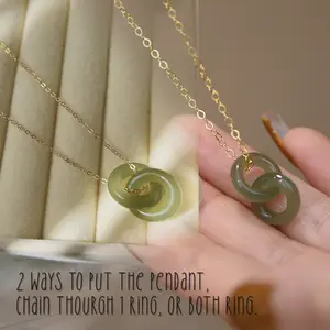 Natural Hetian Jade Pendant Necklace wih Dainty Gold Filled Chain, Two Ring Interlocking Charm