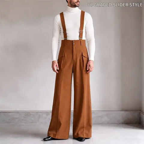 INCERUN Menswear Vintage Chic High-Waisted Straight-Leg Suspender Overalls - 100% Polyester, Adjustable Buckle Straps, Lightweight Breathable Plain, Fashion Party-Ready Jumpsuit with Modern Edge for Spring/Summer Casual Wear,sohochic