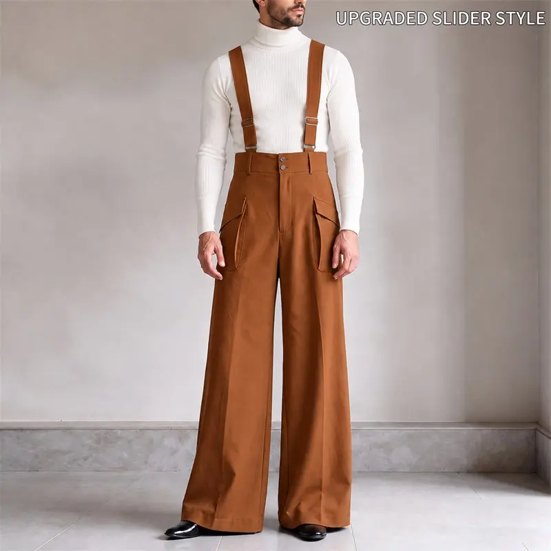 INCERUN Menswear Vintage Chic High-Waisted Straight-Leg Suspender Overalls - 100% Polyester, Adjustable Buckle Straps, Lightweight Breathable Plain, Fashion Party-Ready Jumpsuit with Modern Edge for Spring/Summer Casual Wear,sohochic