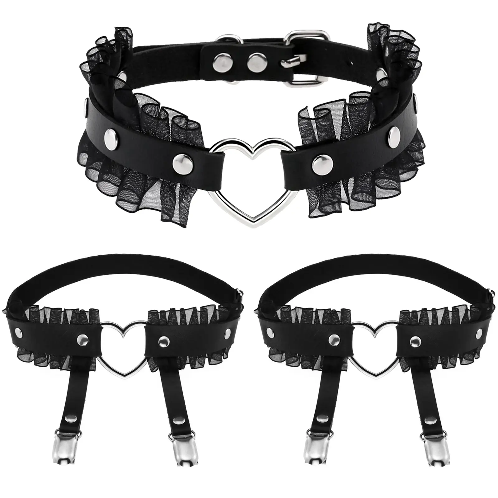 OIDEA Women's 3-Piece Costume Jewelry Set - Adjustable Heart Lace Choker, Soft Faux Leather Strap Leg Garter - Punk Fashion Body Jewelry for Halloween, Festival, Party