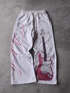 American Vintage Guitar Print Sweatpants, Electric Guitar Pattern, Side Handwriting Decoration, Elastic Drawstring Waist, Street Music Style