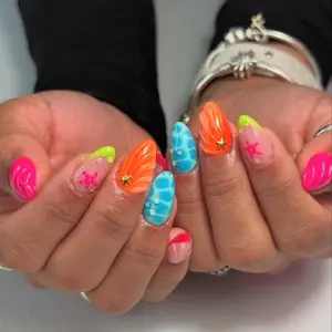 Handmade Pressons. Presson Nails. Beach Nails. Water Nails. Orange Nails. Blue Nails. Colorful French Nails. Tortoise Shell Nails. Bright Nails. Simple Nails. Classy Nails. Summer Nails.