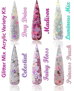 SHEBA NAILS Amor Glitter Mix Acrylic Powder Variety Kit - 6 colors - 1/4oz. each - Professional Acrylic - Medium Setting - Buttery Consistency - Self-Leveling - Superior Adhesion - MMA Free