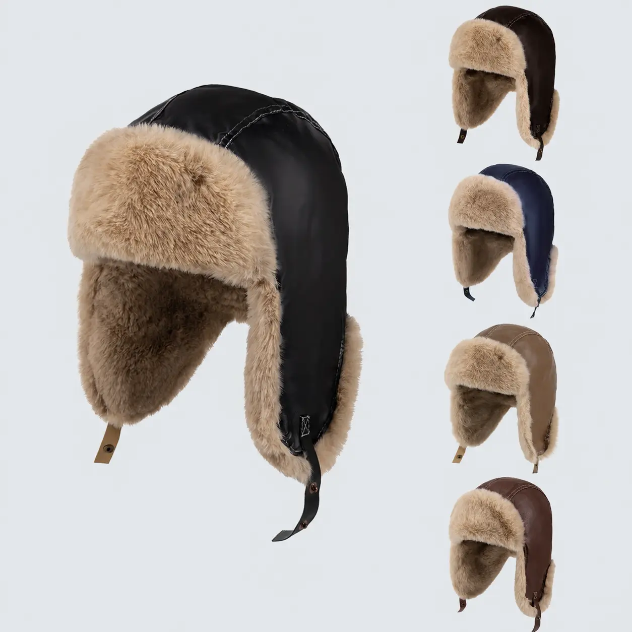 FEITAI Unisex Fashionable Leather Hat - Warm Solid-Color Hat with Earflaps, a Key Winter Accessory for Women's Cold-Weather Warmth