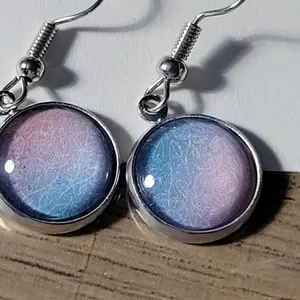 Blue/Pink Gradient W/ Floral Design Dangle Earrings
