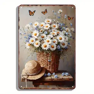 Charming Vintage Wildflower Bouquet Metal  Sign - 8x12 Inch | - Wall Art with Straw Basket & Sunny Daisies Design for Home, Cafe, Kitchen Decor | Easy Installation with Pre-Drilled Holes, Outdoor Decor