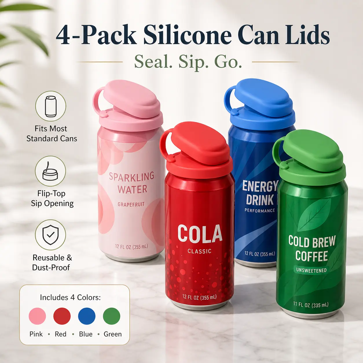 4-Pack Reusable Silicone Can Lids, Flip-Top Soda Can Covers with Straw Hole, Fits Most Standard Drink Cans