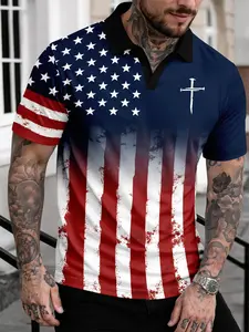American Flag Star-Spangled Colorblock Polo Shirt, Men's Collared Breathable Sporty Casual Sport Short Sleeve T-Shirt, Slim-Fitting Design, Polo Style
