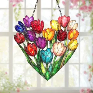 Heart Tulip Suncatcher, Colorful Spring Window Hanging, Acrylic Flower Heart Decor, Mother's Day Floral Gift, Vibrant Garden Sun Catcher