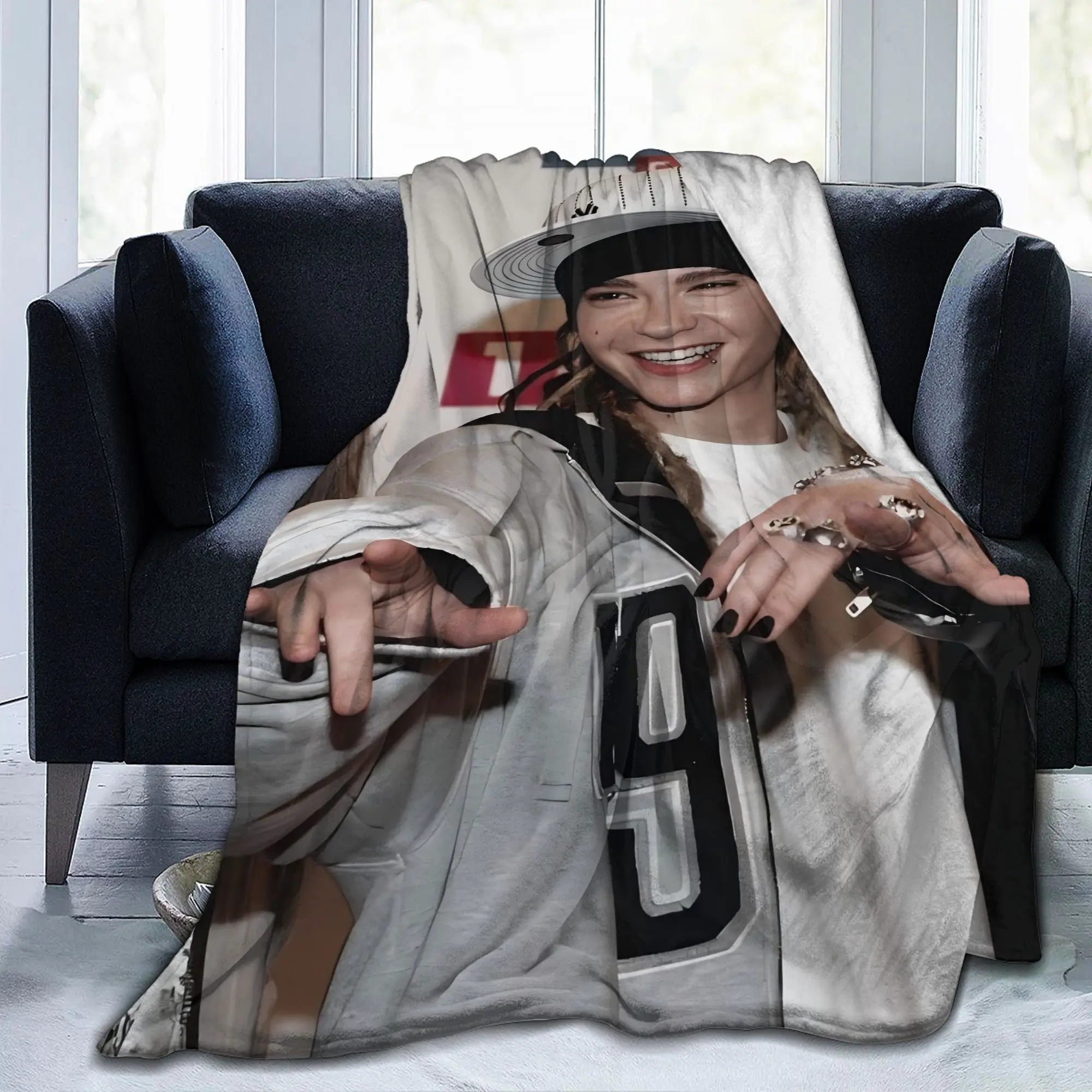 Vintage Tom Kaulitz Inspired Soft Flannel Throw Blanket - Cozy Aesthetic, Wrinkle Resistant, Multi-Size, Retro Modern, Printed Side, Warm for Living Room Use, Breathable