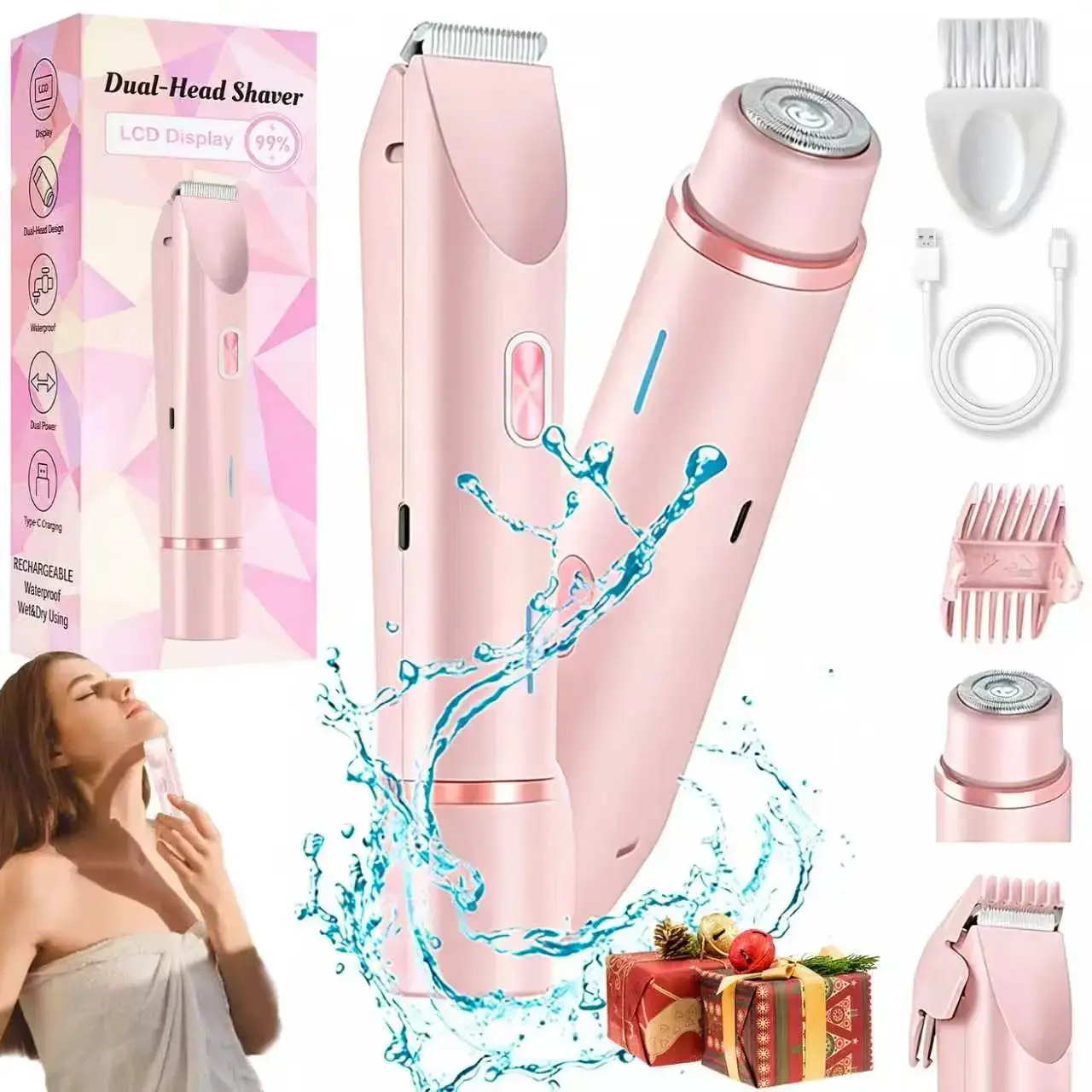 Women's Rechargeable 2-in-1 Electric Bikini Shaver & Hair Remover - USB Rechargeable, Waterproof Wet & Dry, Underarm & Facial Grooming Tool, Christmas Winter Gift, Fall Essential, Rechargeable Hair Remover, Underarm Trimmer