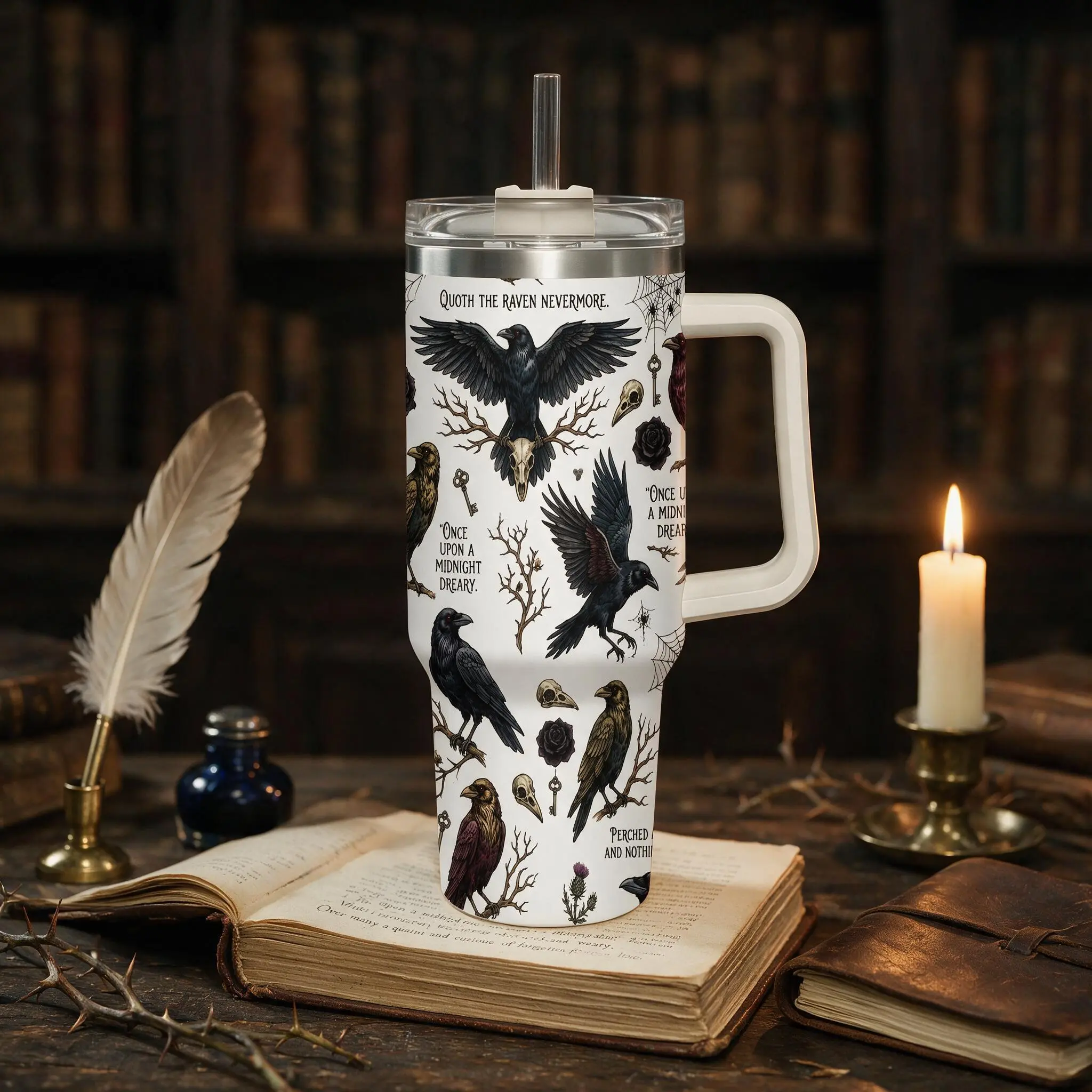 The Raven 40oz Tumbler with Handle, Gothic Edgar Allan Poe Travel Mug, Dark Academia Stanley Style Cup, Halloween Gift for Mom,Raven Tumbler