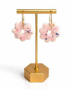 Polymer Clay Dangle Flower Earring Handmade Lightweight Hypoallergenic Earring. Glossy Front Small parts of dried flower pieces under the gloss