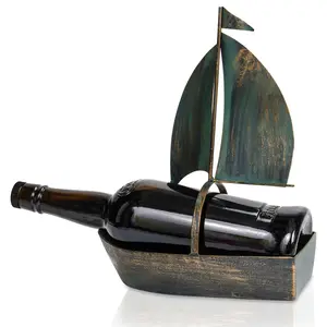 Sailboat - Made Easy Kit Wine Bottle Display Holder Rack - Premium Setting Home Sculpture Statute - Metal Tabletop Functional Farmhouse Décor