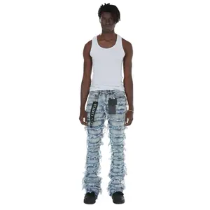 All Over Distressed Stacked Jeans - Men's Fashionable Denim Pants with Unique Stacked Design for Casual Wear