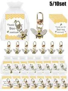 Bee Theme Gift Set Includes Keychain Thank You Card Transparent Bag Alloy Bee Pendant Easter Mother's Day Independence Day Graduation Gifts