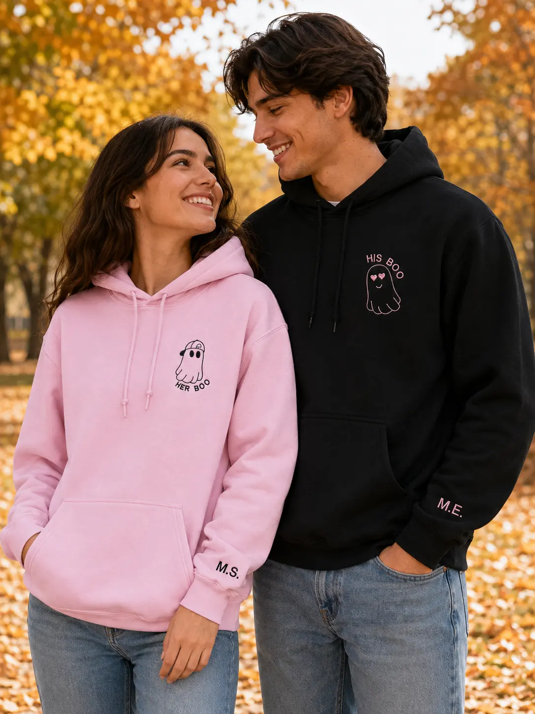 Custom Embroidered Ghost Couple Hoodies, Matching Halloween Hoodies for Couples, Cute Ghost Sweatshirts, Personalized Couple Matching Outfit, Spooky Season Pullover, Halloween Gift for Couples