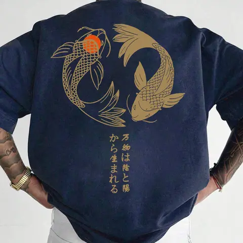 Men's 2026 Japanese Koi Print Short Sleeve T-Shirt, Cultural Casual Fitted Graphic Tee, Daily Commute Wear, Dark Blue Streetwear Top, Graphic T Shirts