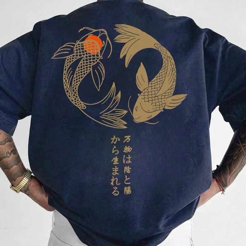 Men's 2026 Japanese Koi Print Short Sleeve T-Shirt, Cultural Casual Fitted Graphic Tee, Daily Commute Wear, Dark Blue Streetwear Top, Graphic T Shirts