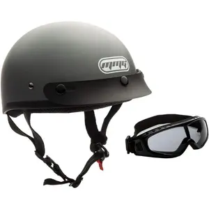 DOT-Certified Half Open Face Motorcycle Cruiser Classic Helmet, Matte Gray, XL - Adjustable Straps, Removable Visor, Goggles Included
