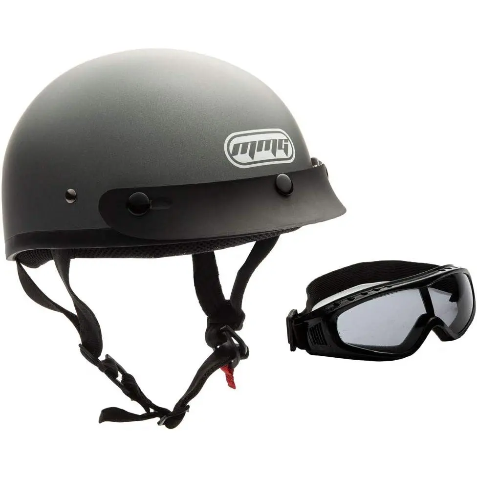 Classic Open-Face Motorcycle Half Helmet - Thermoplastic & ABS Resin Construction, DOT Certified, US Safety Compliant, Street Legal, Impact Safe, 55 to 61 cm, Includes Adjustable Windproof Goggles & Care Bag, Gray