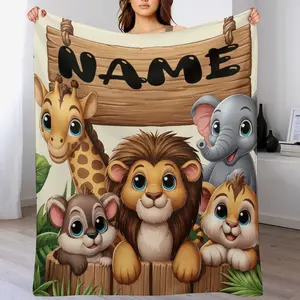 Custom Name Personalized Animal Zoo Theme Flannel Throw Blanket - with Elephant, Lion, Monkey, and Giraffe Design  ，Suit for Picnic, Travel, and Nap , Send your custom text via shop chat to personalize