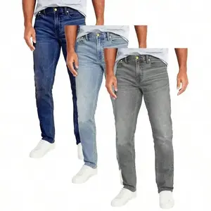 Men’s 3-pack slim straight stretch denim jeans — menswear belt; colors: blue, dark blue, light blue; fabric: cotton/spandex; features: hem, zipper, pockets; styles: streetwear, motocross, plain beige