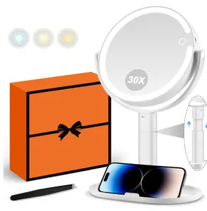 Makeup Mirror with Lights, 30X Magnifying Mirror with Light and Touch Switch, Vanity Mirror with 3 Color Light and 80 LEDs, Height Adjustable Desk Mirror with Lights,
